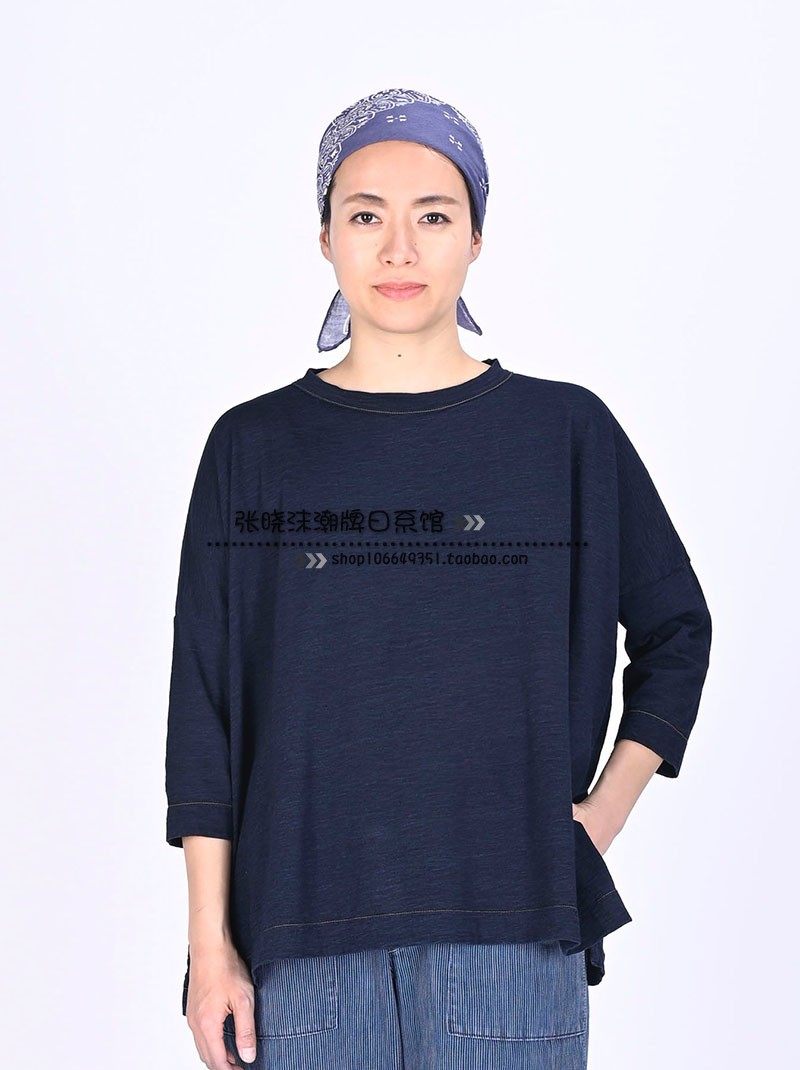 日系圆领井上上衣宽松肩袖针织牛仔纯色摆开t恤