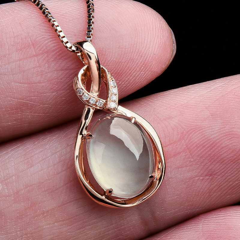 玉萌色18k金镶嵌钻石缅甸冰种翡翠蛋面吊坠女玉坠挂件a货kdz5804