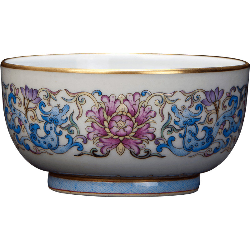 圣大陶瓷功夫茶杯手绘青花山水珐琅彩螭龙穿花纹主人杯景德镇茶具