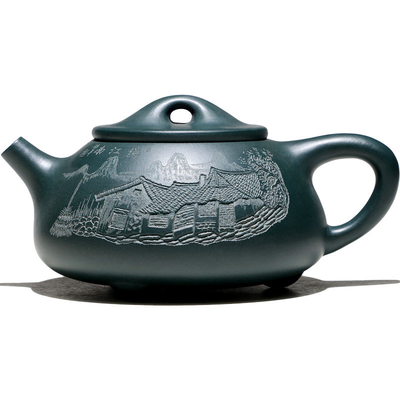 不亦乐壶宜兴宜兴紫砂紫砂壶吴仁林手工茶壶墨绿泥刻绘石茶壶