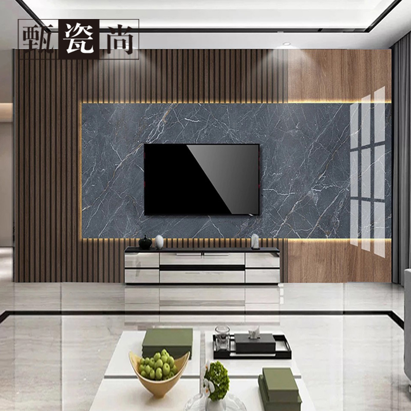 格栅悬空电视瓷砖背景墙客厅现代简约大理石定制实木瓷砖背景墙