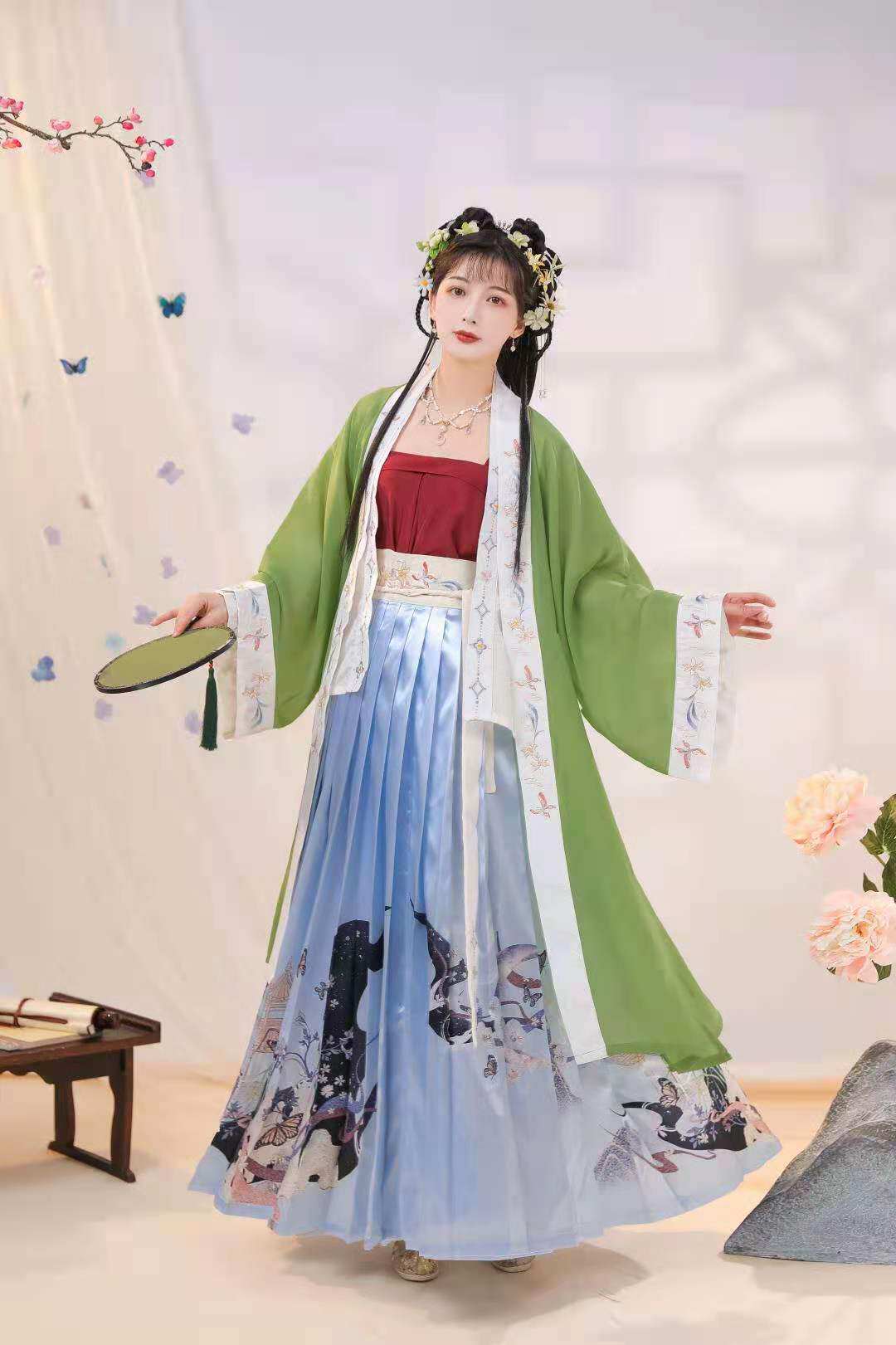 沽倾阁明月几时时有宋制汉飞机袖褙百褶裙原创白菜汉服