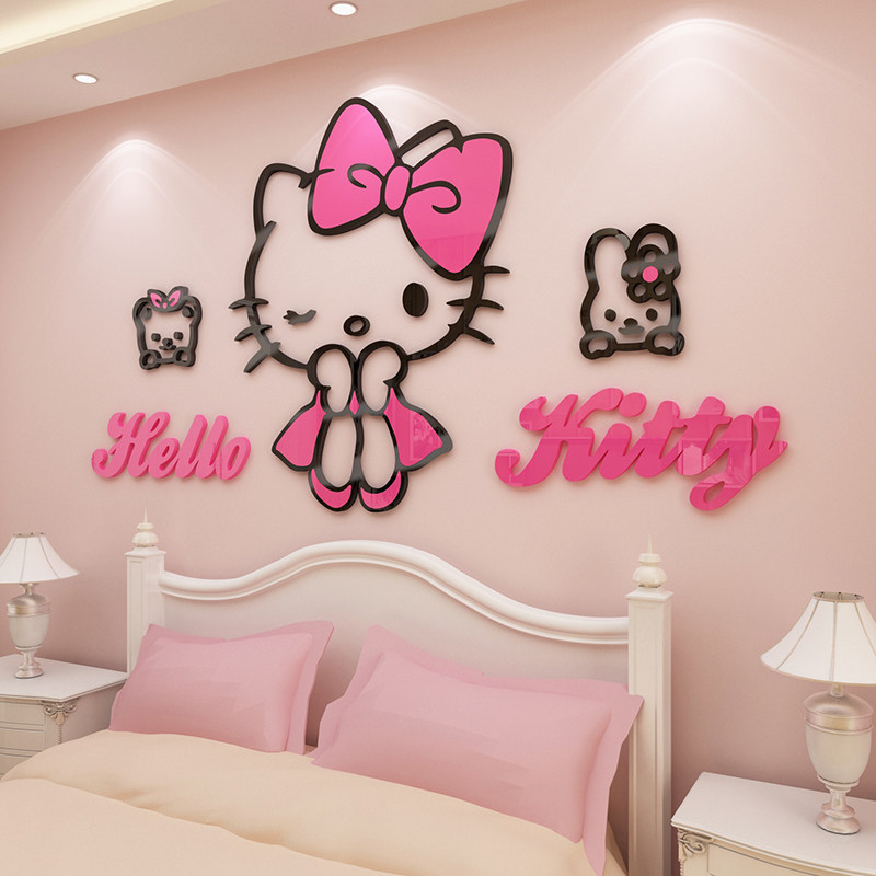 凯蒂猫墙贴亚克力女孩儿童房间装饰公主卧室墙面贴纸kt猫卡通贴画