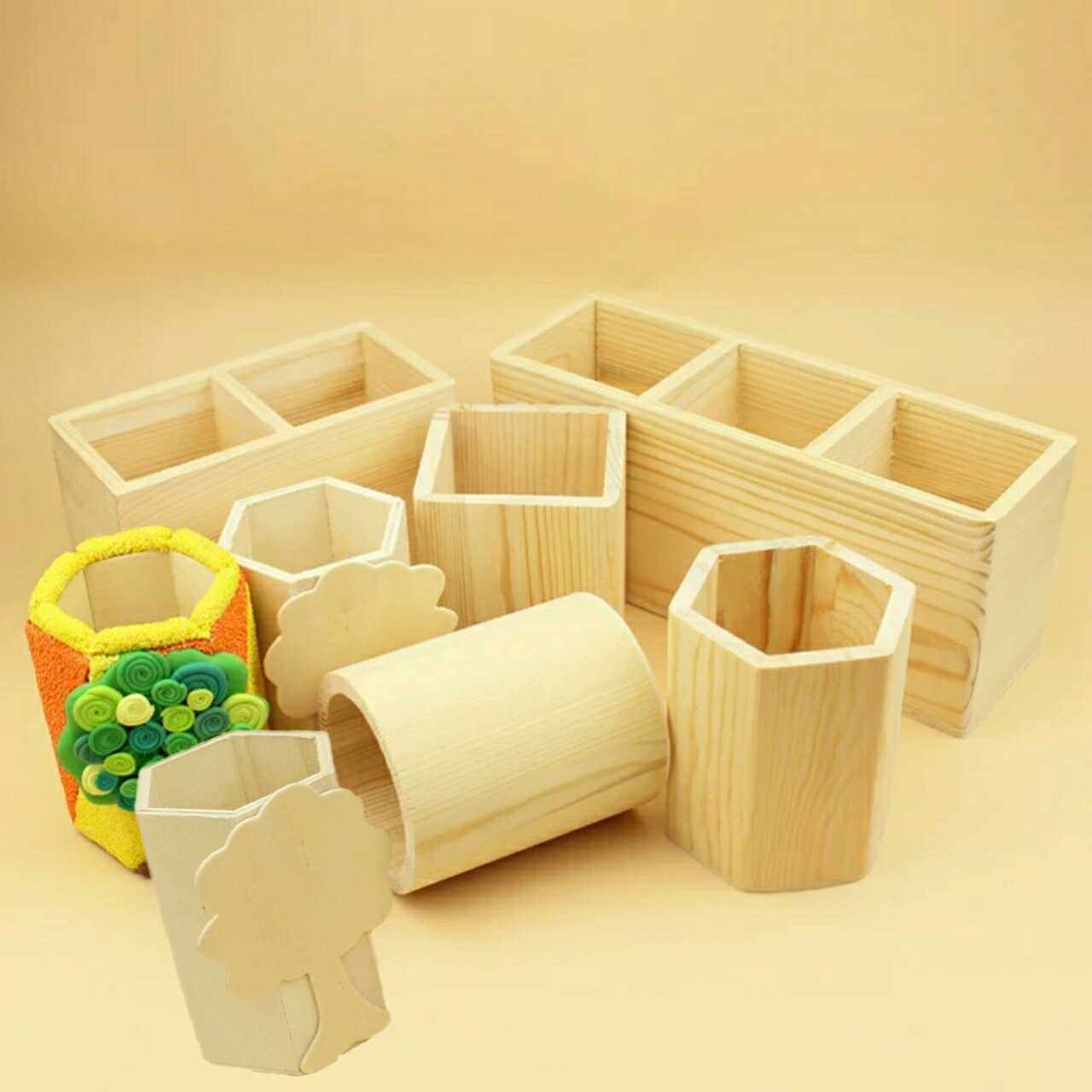 存钱罐彩雪花笔筒篮子儿童手工diy玩具木质白模填色