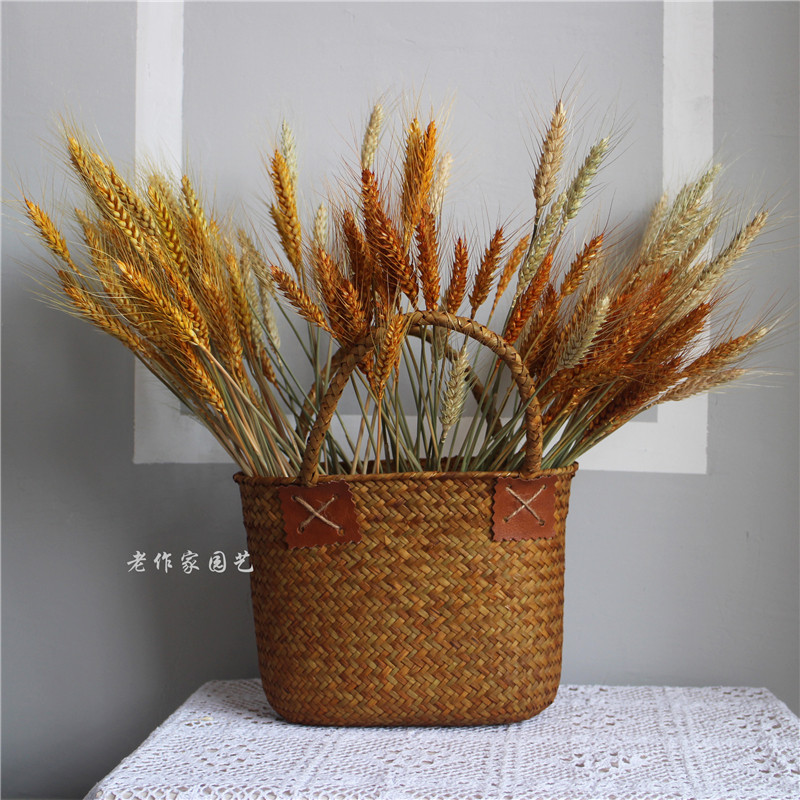 花篮麦穗干花真花ins手提编织金色可挂家居花篮