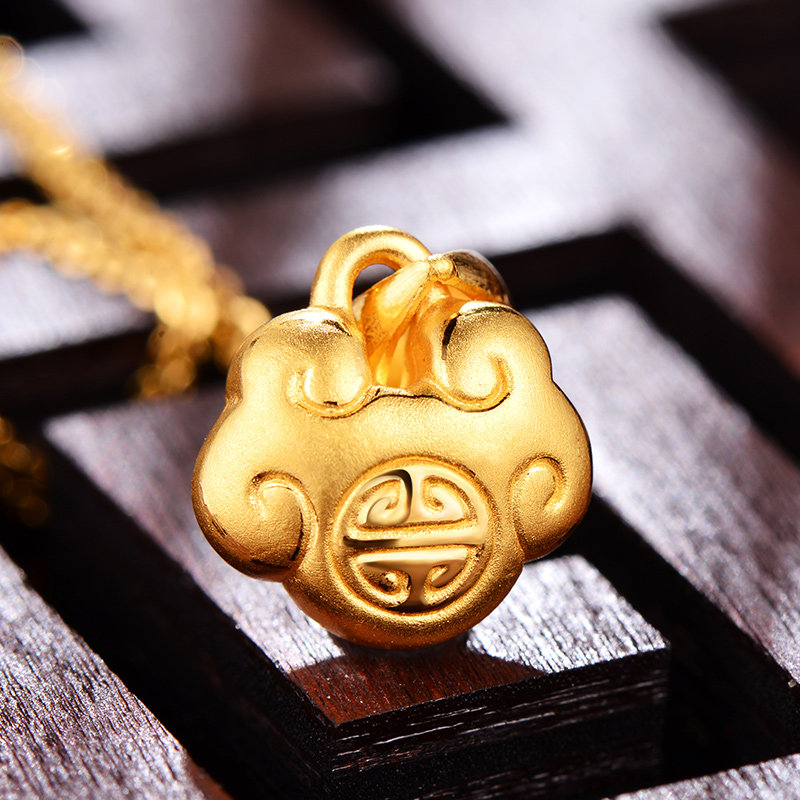 黄金项链女士款999足金平安长命小金锁24k纯金转运珠吊坠锁骨套链