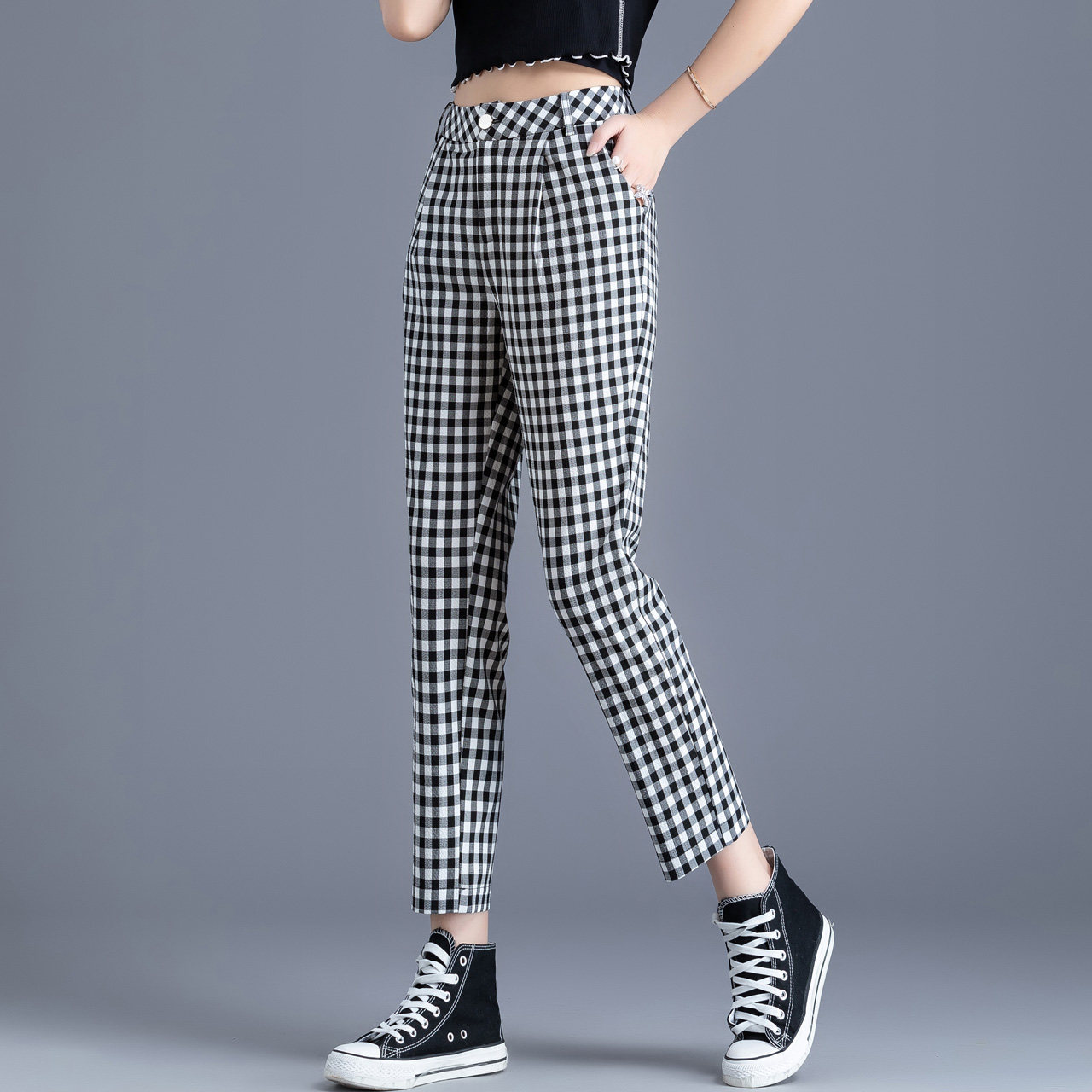 黑白格子裤女宽松裤子休闲裤九分小个子女裤2021休闲裤