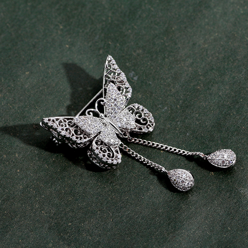 青鸟高档胸针闪耀流苏镂空水晶蝴蝶胸花别针胸针