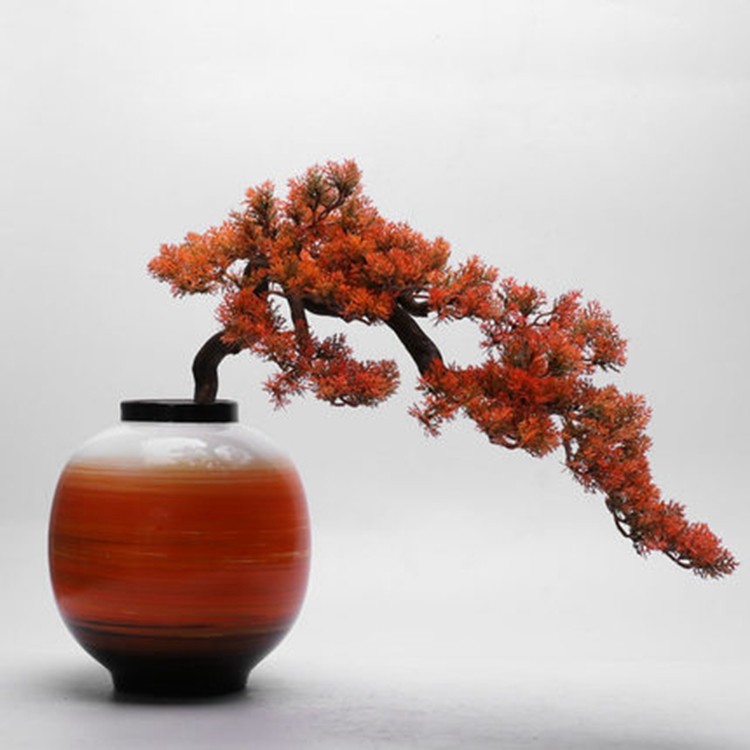 新中式陶瓷手绘迎客松工艺品玄关装饰品盆景售楼处大厅装饰坐盘