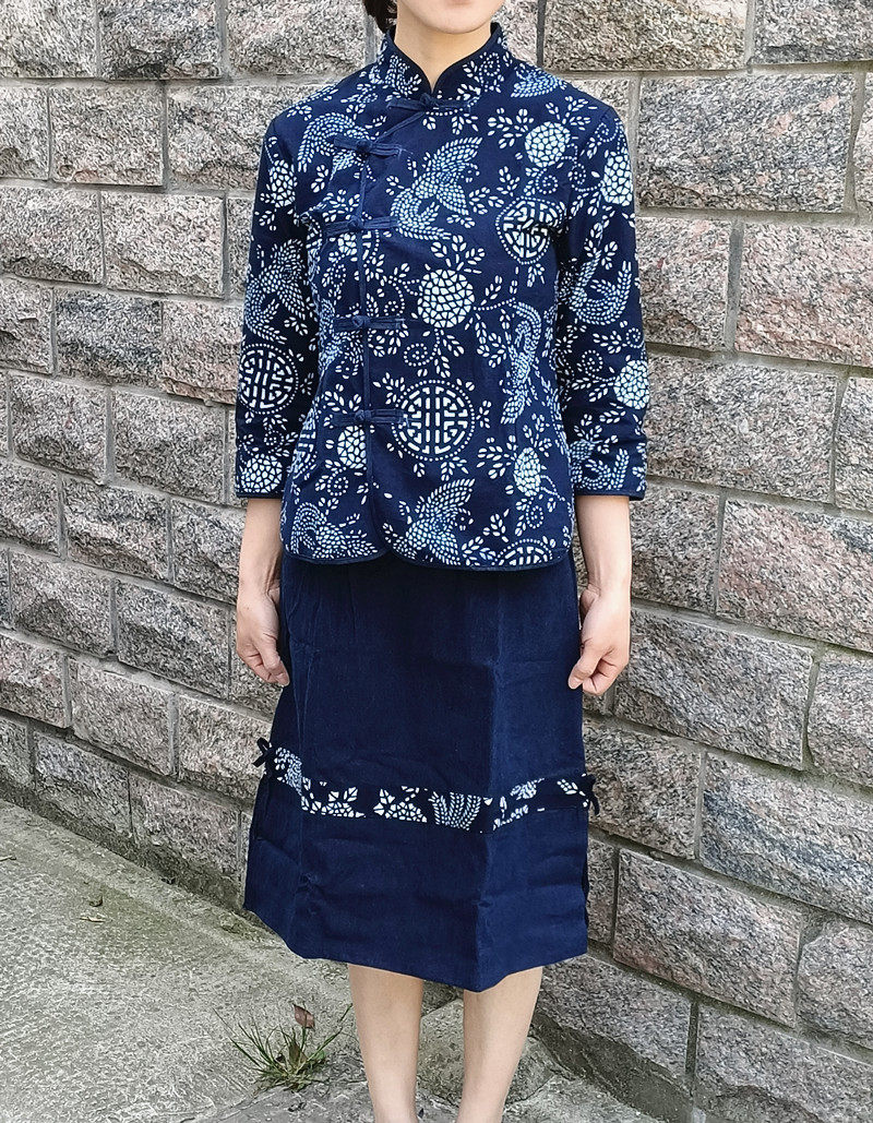 乌镇民族风女装蓝印印花布长袖衬衫斜襟中式上衣民族服装
