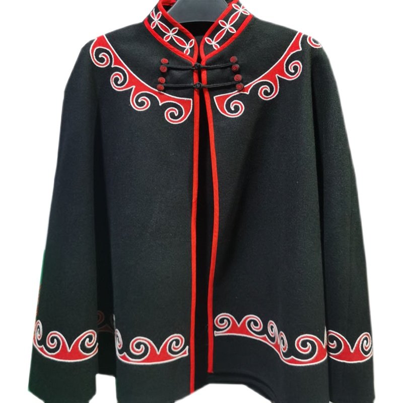 凉山彝族服装女披风斗新娘披肩红色黑色棉麻短外套