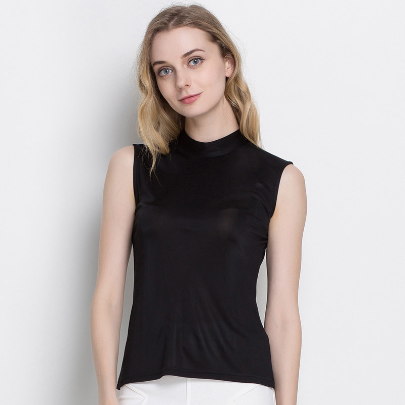 悦蔻秋季真丝半高领无袖t恤背心女桑蚕丝修身显瘦打底衫真丝上衣