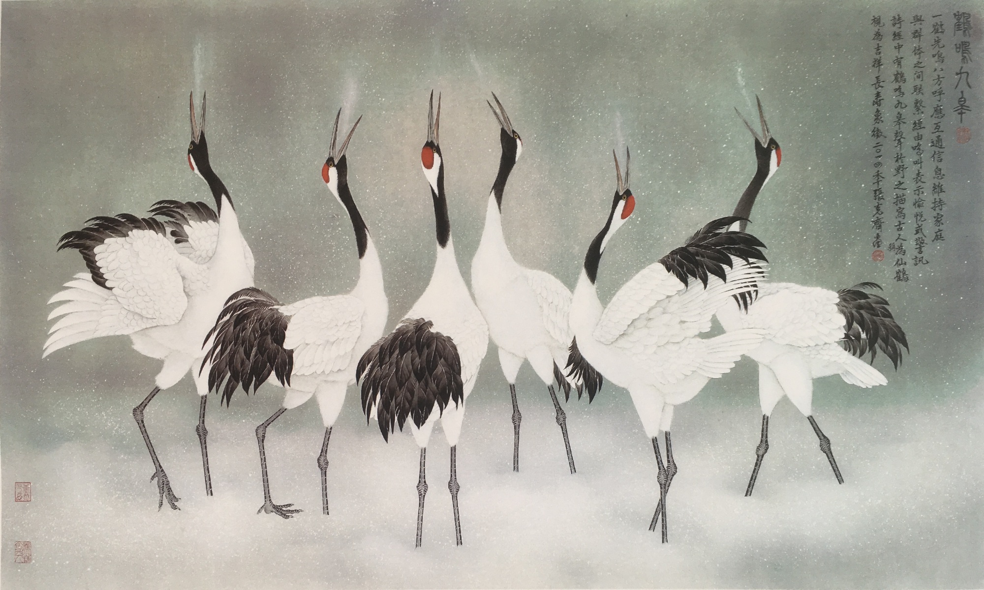 工笔画底稿仙鹤横幅鹤鸣九皋白描打印稿毛笔勾笔勾宣纸国画