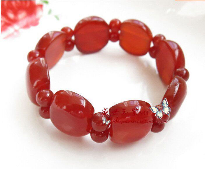 玛瑙天然石翡翠单圈手翡翠樱花红纹红玉碧玺石榴石手链