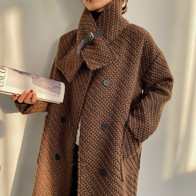 新款中长款粗花呢可拆卸领子大衣精编毛呢围脖毛呢外套