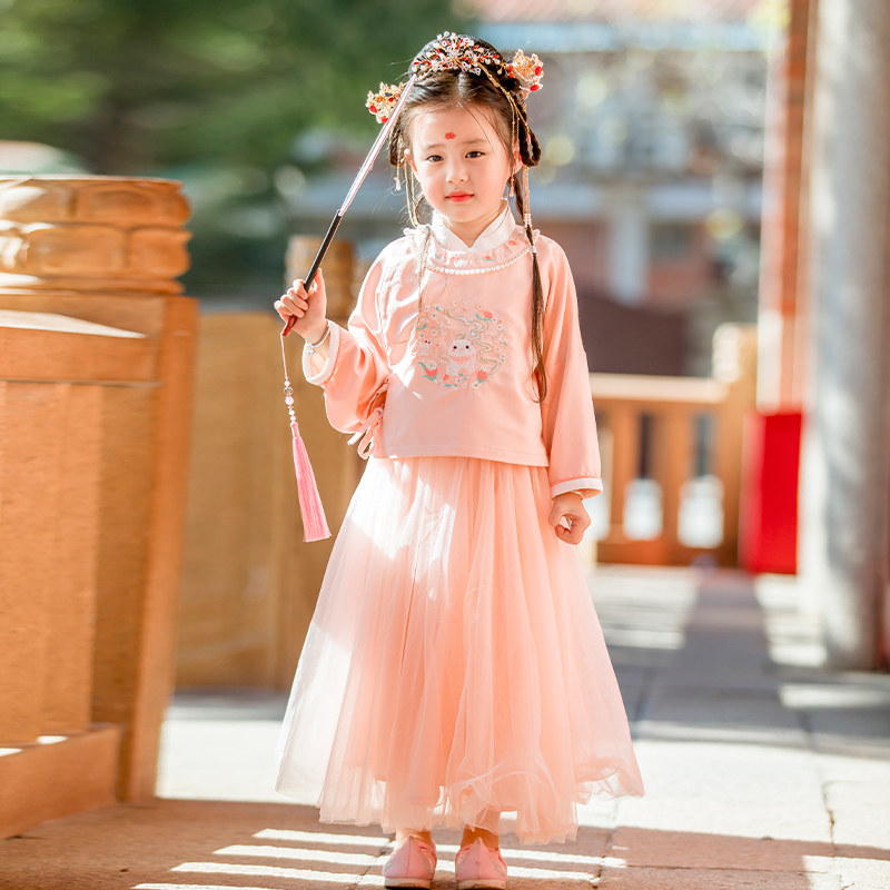 汉服女童2022春款新品小女孩古装古风套装珍珠唐装