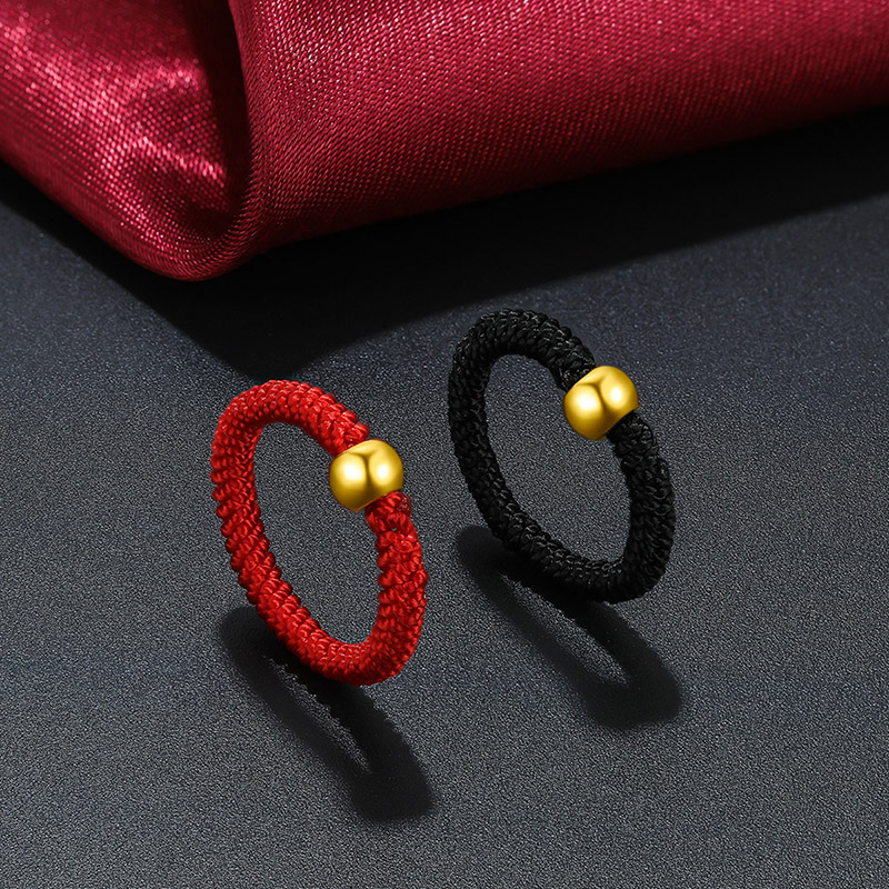 编织指环素圈足金圆珠硬金3d红绳金珠女小手饰