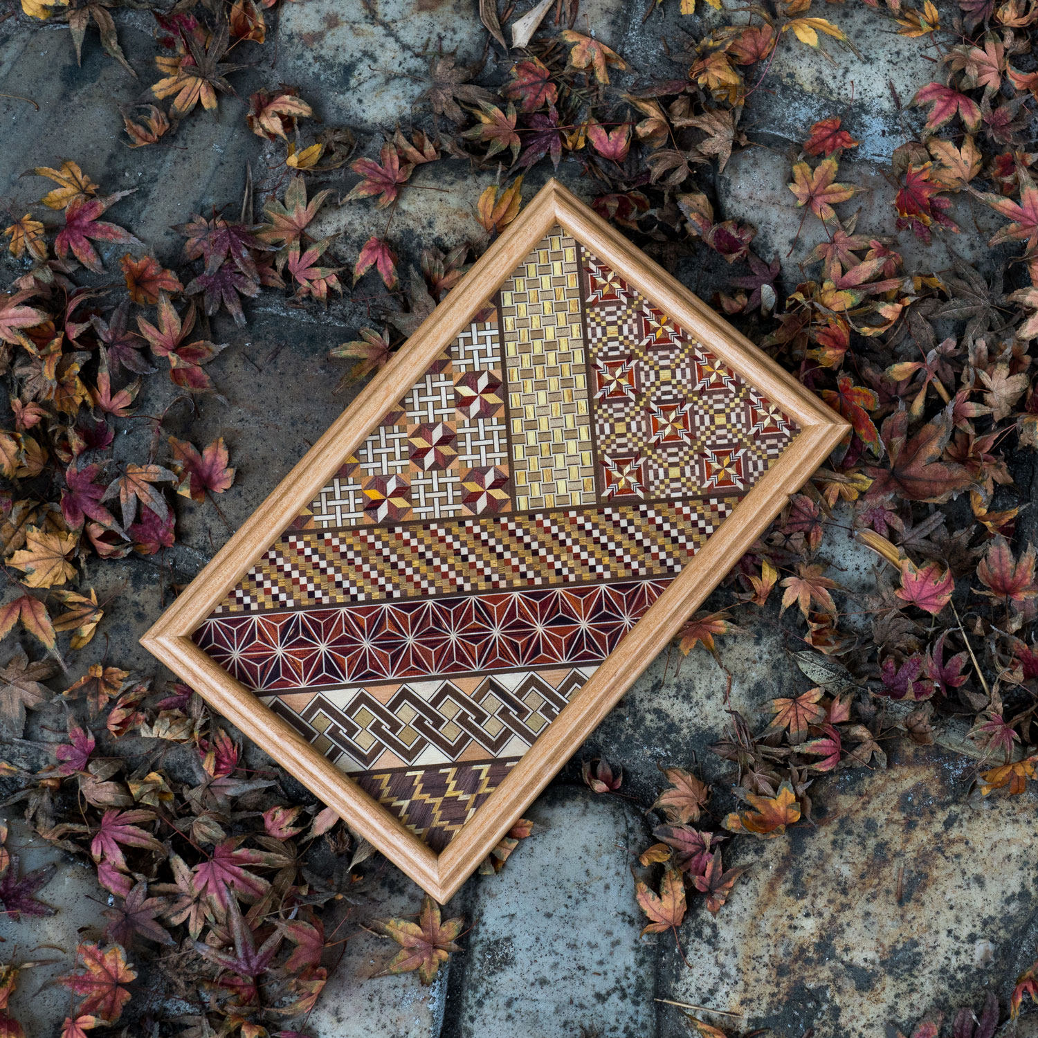 寄木细工日式家用复古古木拼花长方形可爱收纳茶盘