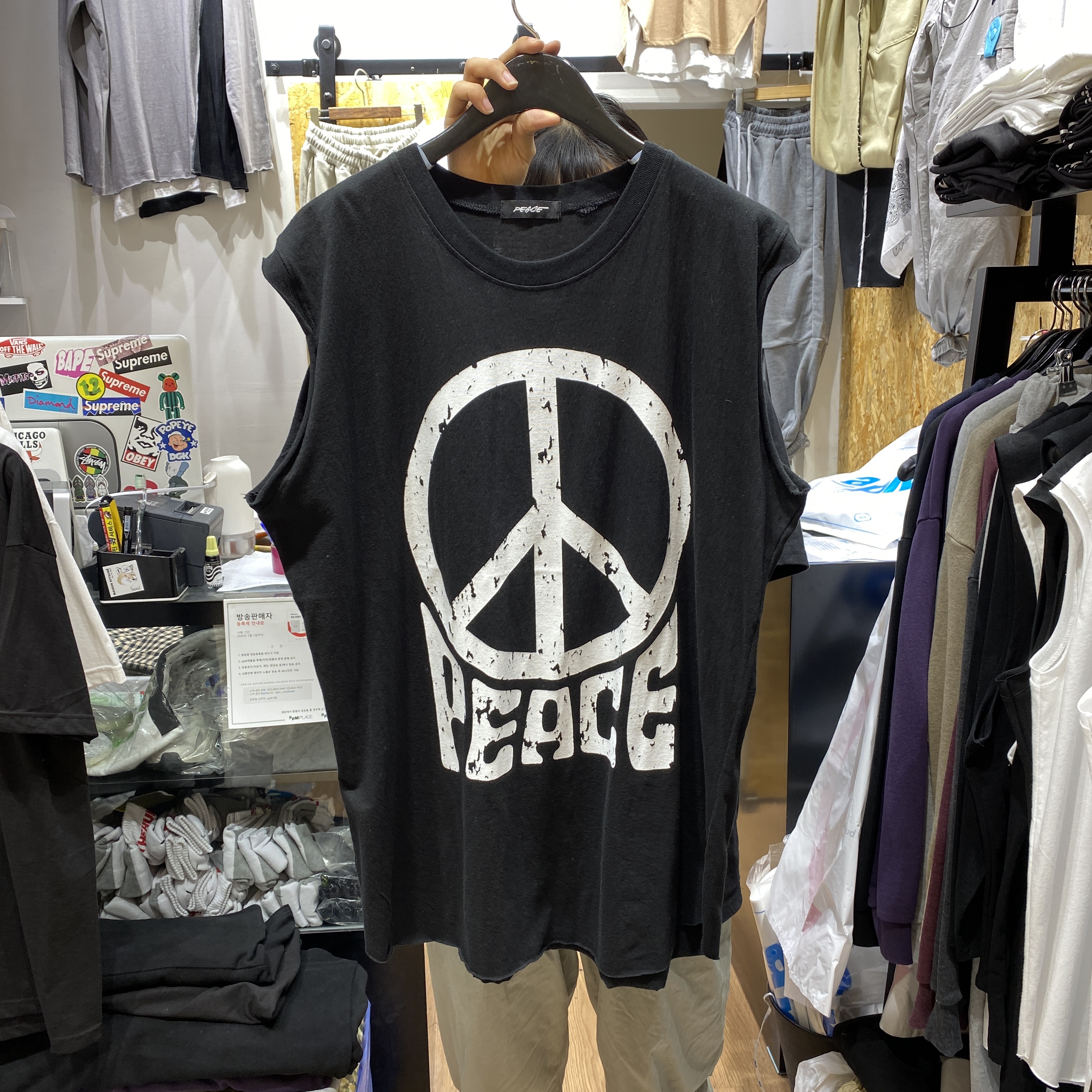 东大门韩国男装代购直播款式做旧反战标志宽松无袖T恤背心200607