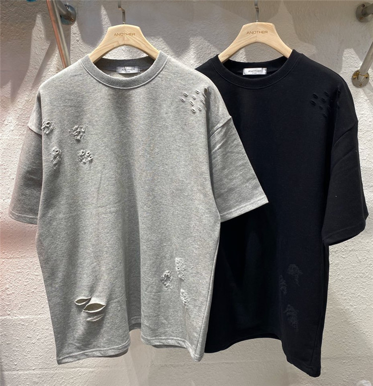 东大门韩国男装代购乞丐钉孔切割破洞宽松落肩短袖T恤夏上衣0419