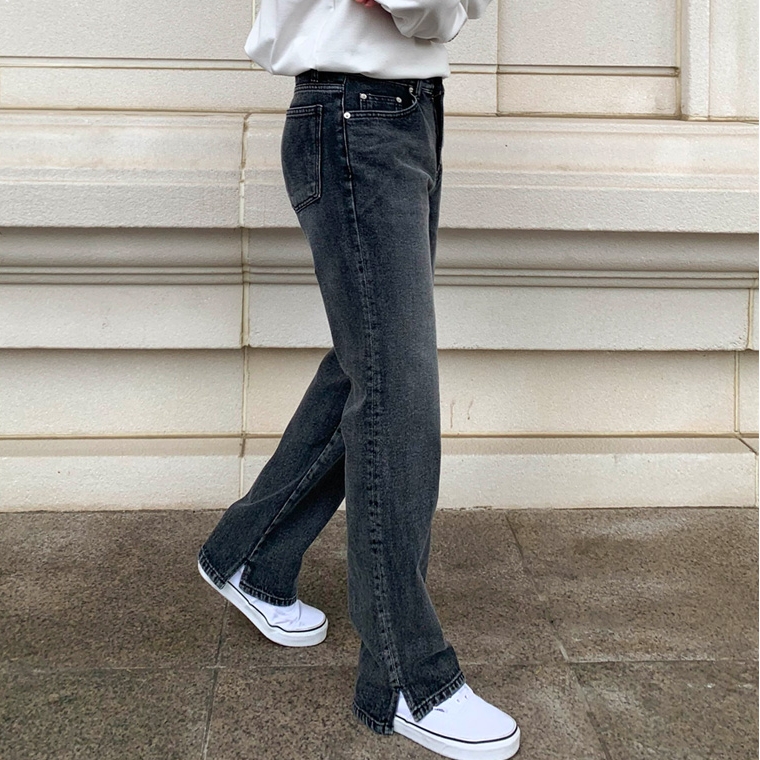 东大门韩国男装代购直播水洗磨白侧开衩复古宽松直筒微堆积牛仔裤