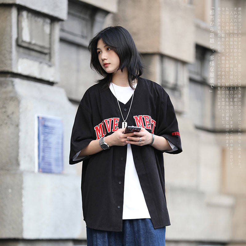 衬衫港风ins徽章短袖棒球服男女同款外夏季衬衫