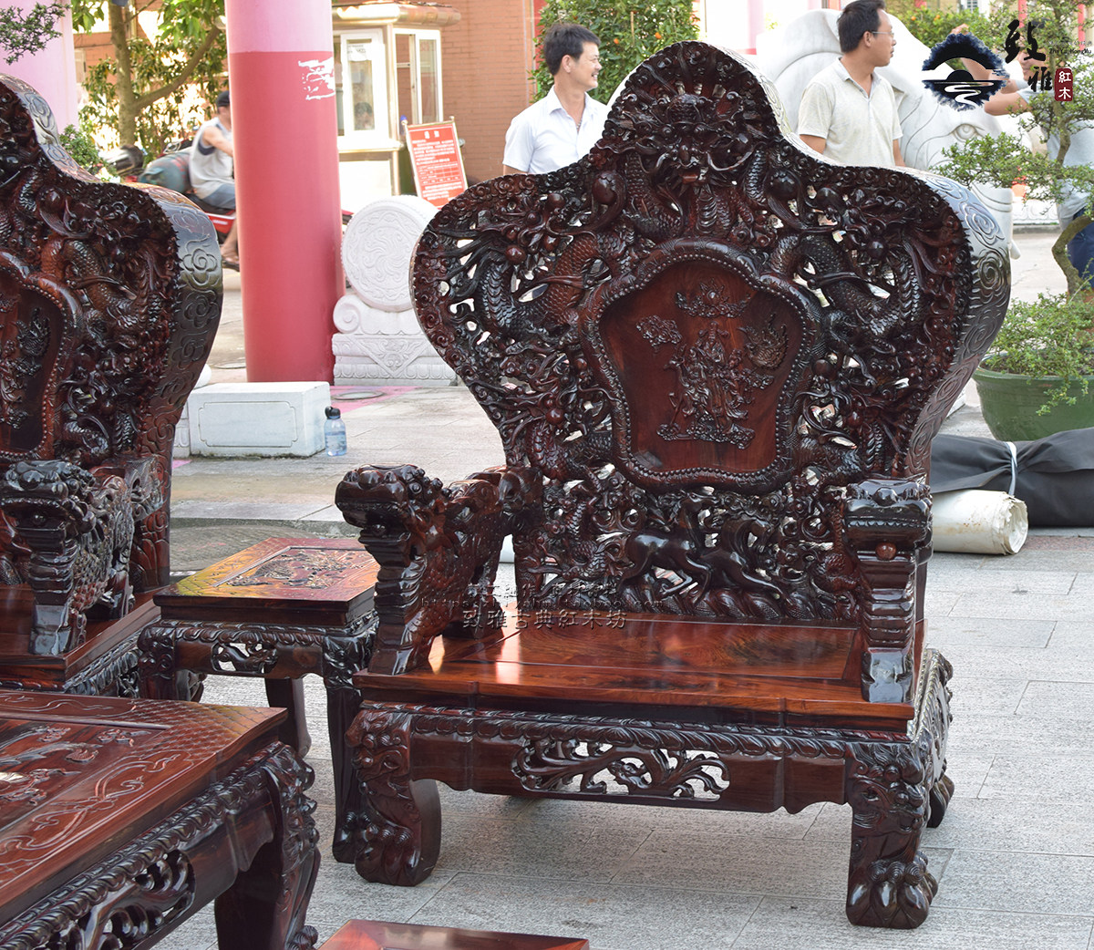 老挝大红酸枝大宝鼎沙发 正宗交趾黄檀老红木九龙八马宝座沙发