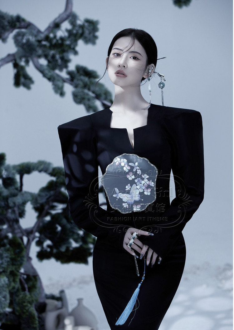 黑色缎面鱼尾礼服复古国潮中国风艺术写真演出服影楼主题婚纱爆款