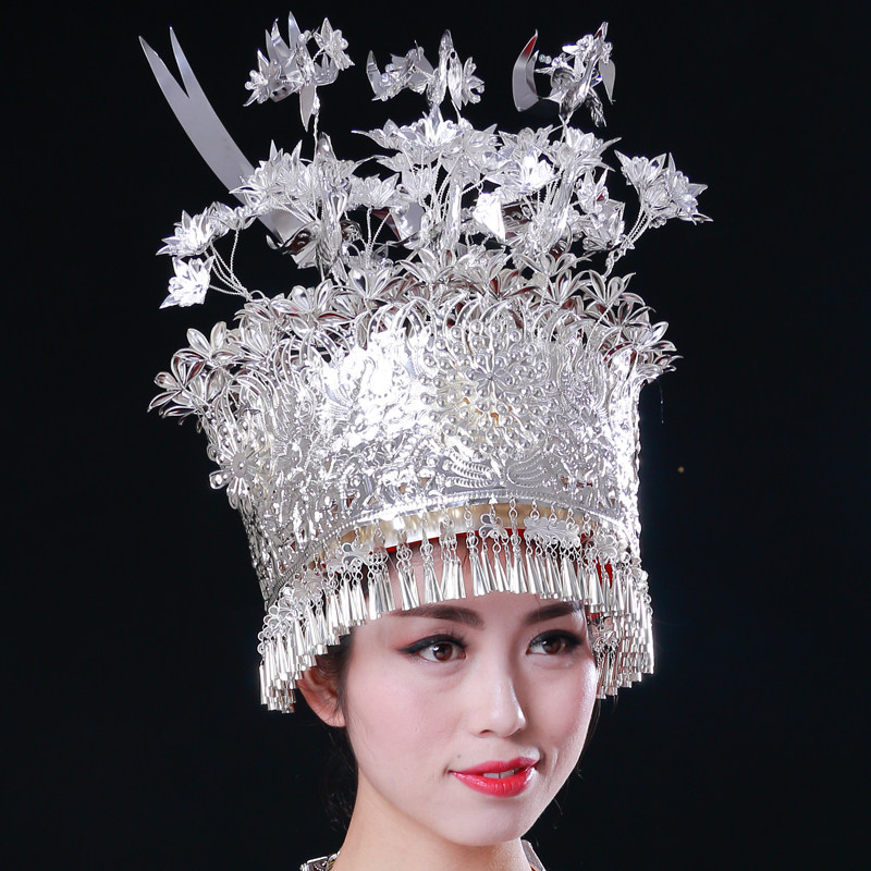 苗族银饰帽子凤冠银项圈项链苗族演出头饰少数民族侗族头饰包邮