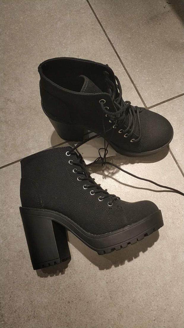 帆布hm女鞋短靴厚底切尔西防水百搭高跟鞋绑带时装靴