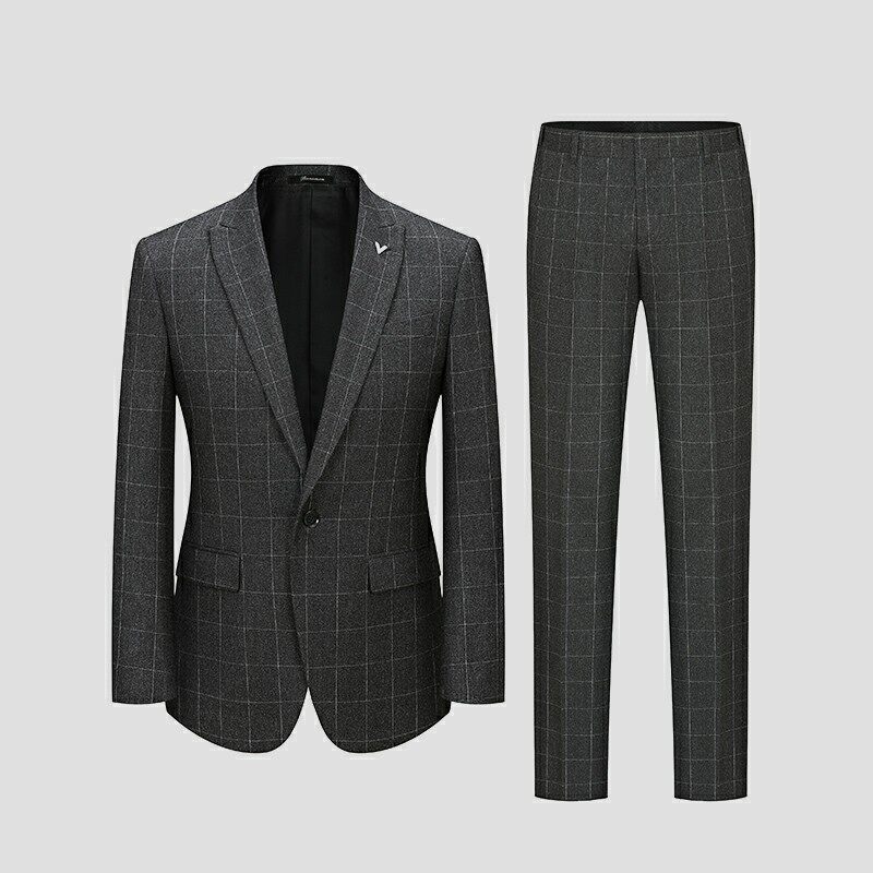 baromon培罗蒙春季新品男士商务休闲西装灰色格子西服套装