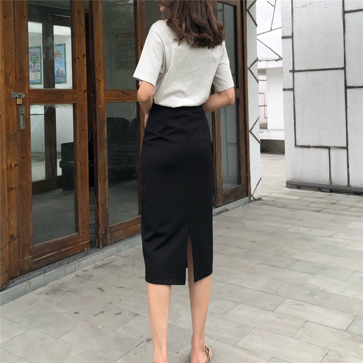 黑色直筒裙后开叉显瘦半身裙宽松百搭休闲一步裙女高腰显瘦中长款