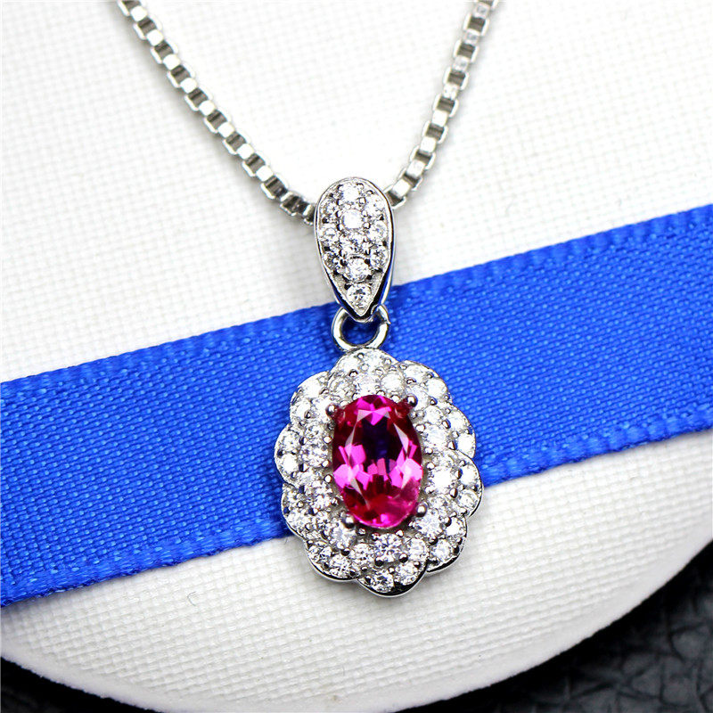 椭圆形玫红碧玺吊坠项链坠子彩宝双层设计韩版颈颈饰