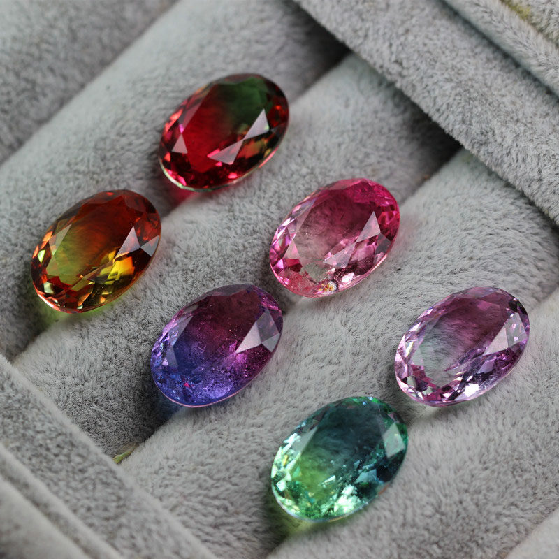 椭圆双色西瓜碧玺渐变变色糖果彩虹合成彩色宝石其它首饰