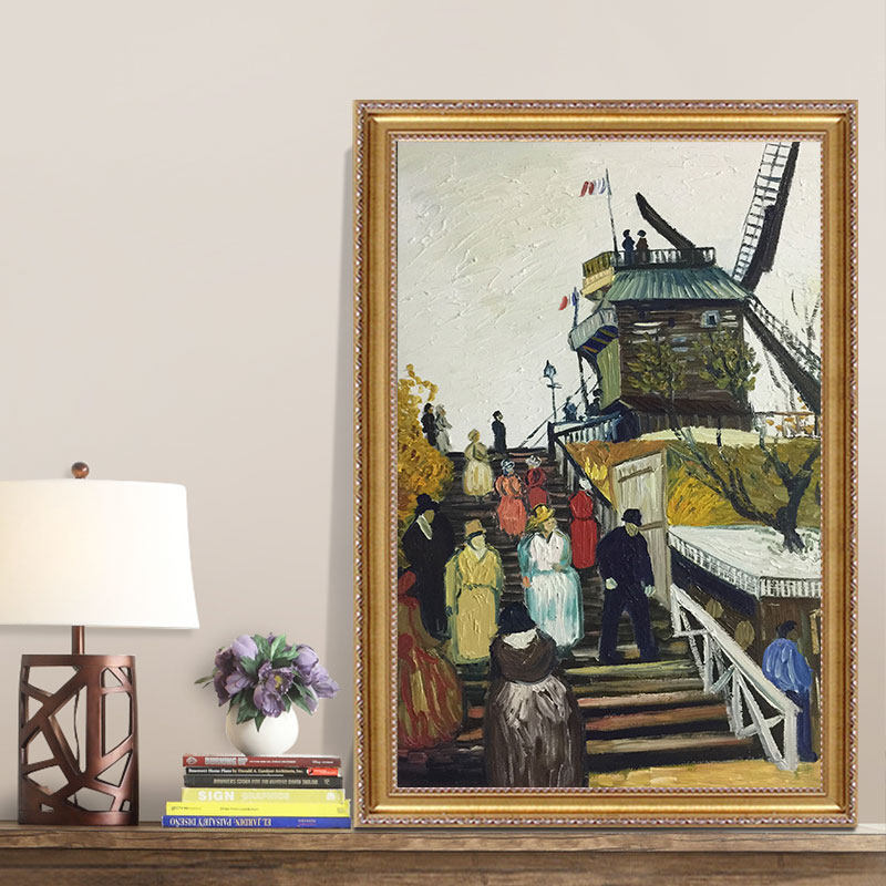 世界名画临摹梵高风车磨坊风车磨坊美式餐厅手绘装饰画油画