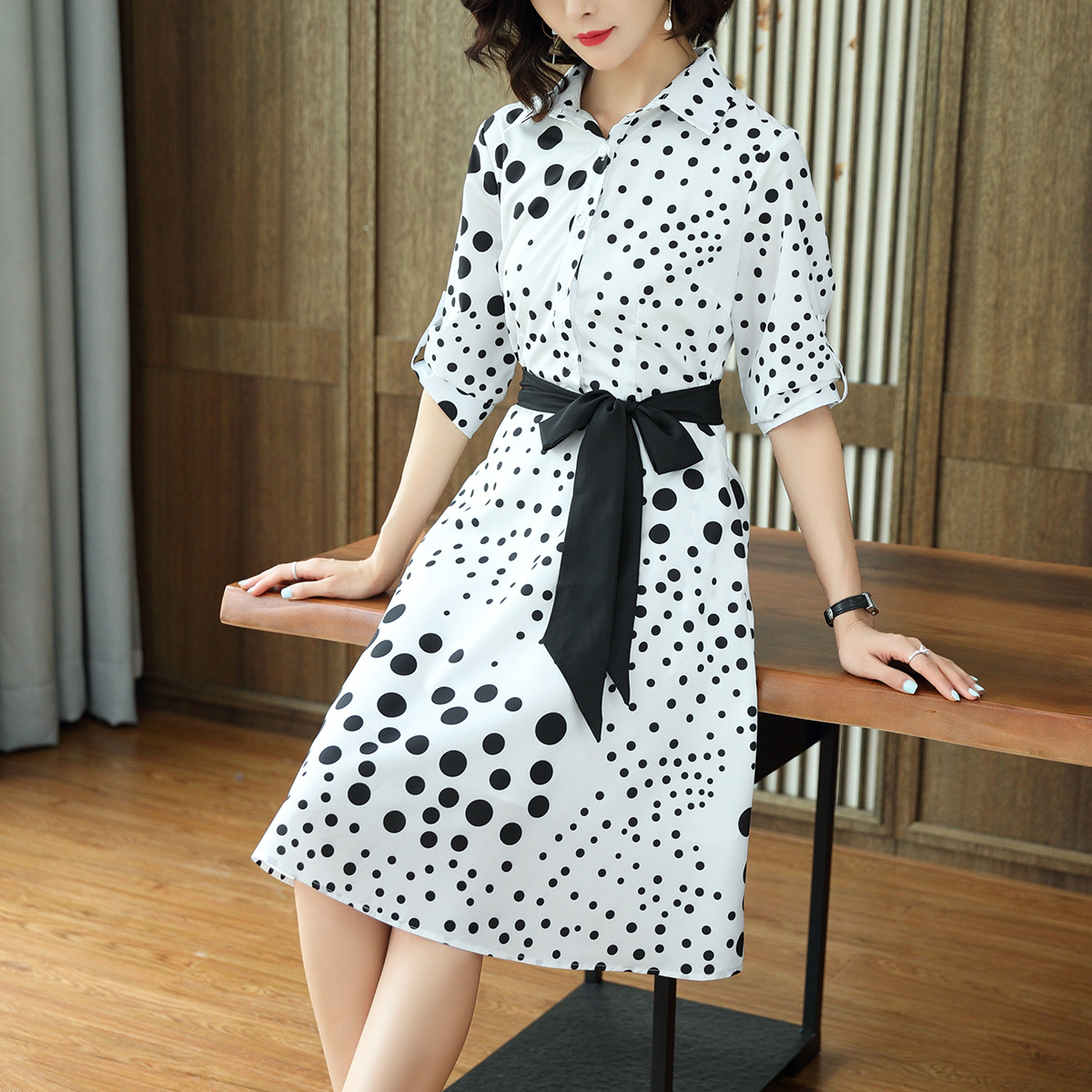 2020春季女装新款中袖波点衬衫气质淑女修身连衣裙