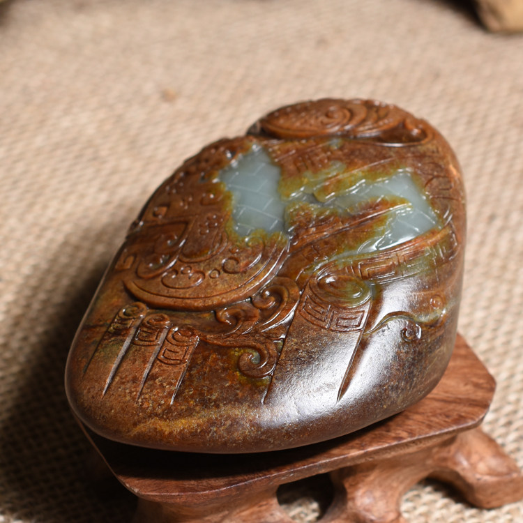 憨石已结缘龙凤锦灰堆新疆和田玉籽料红沁皮独籽手把件小摆件