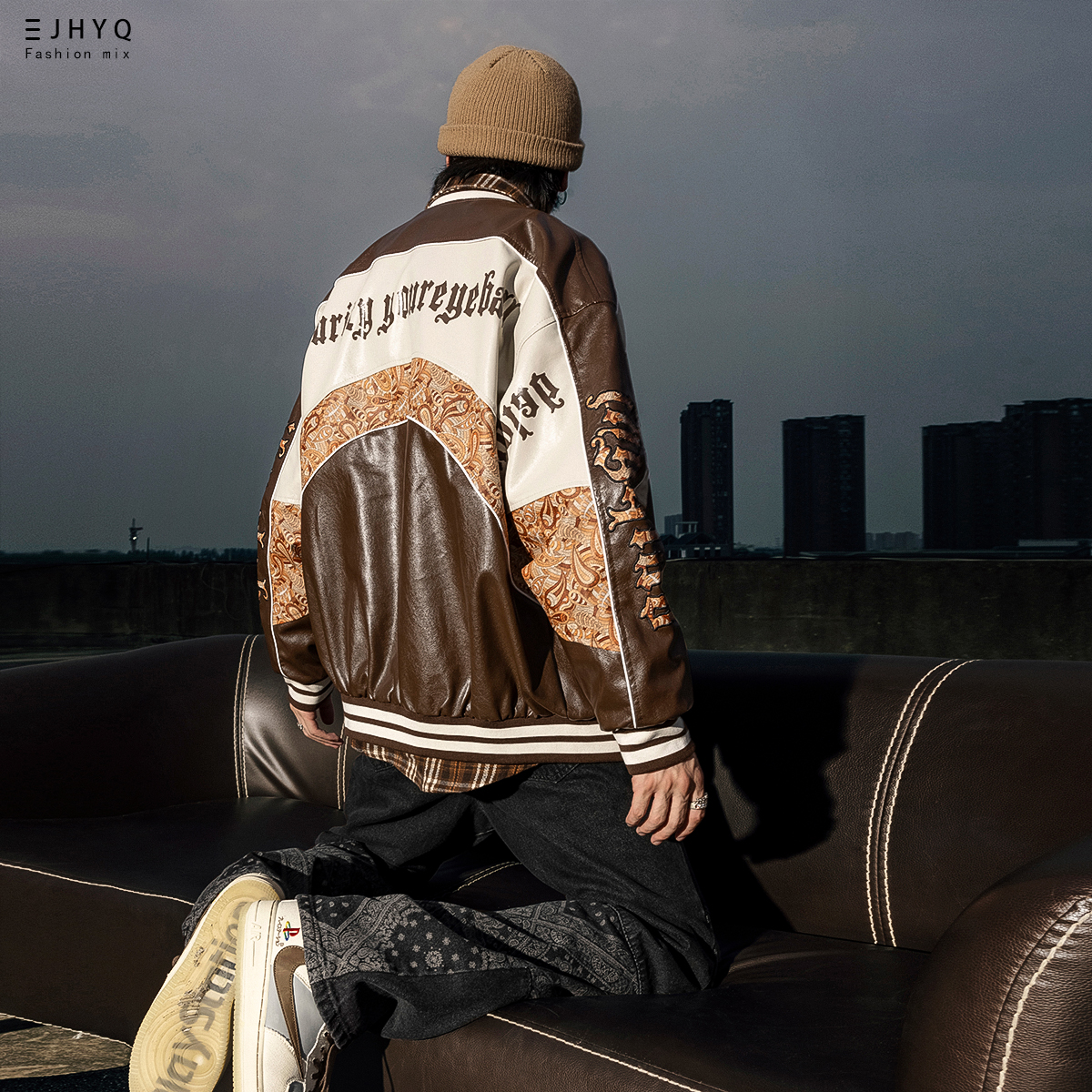 净化眼球自制拼接棒球服夹克男女嘻哈宽松休闲落肩立领PU皮衣外套