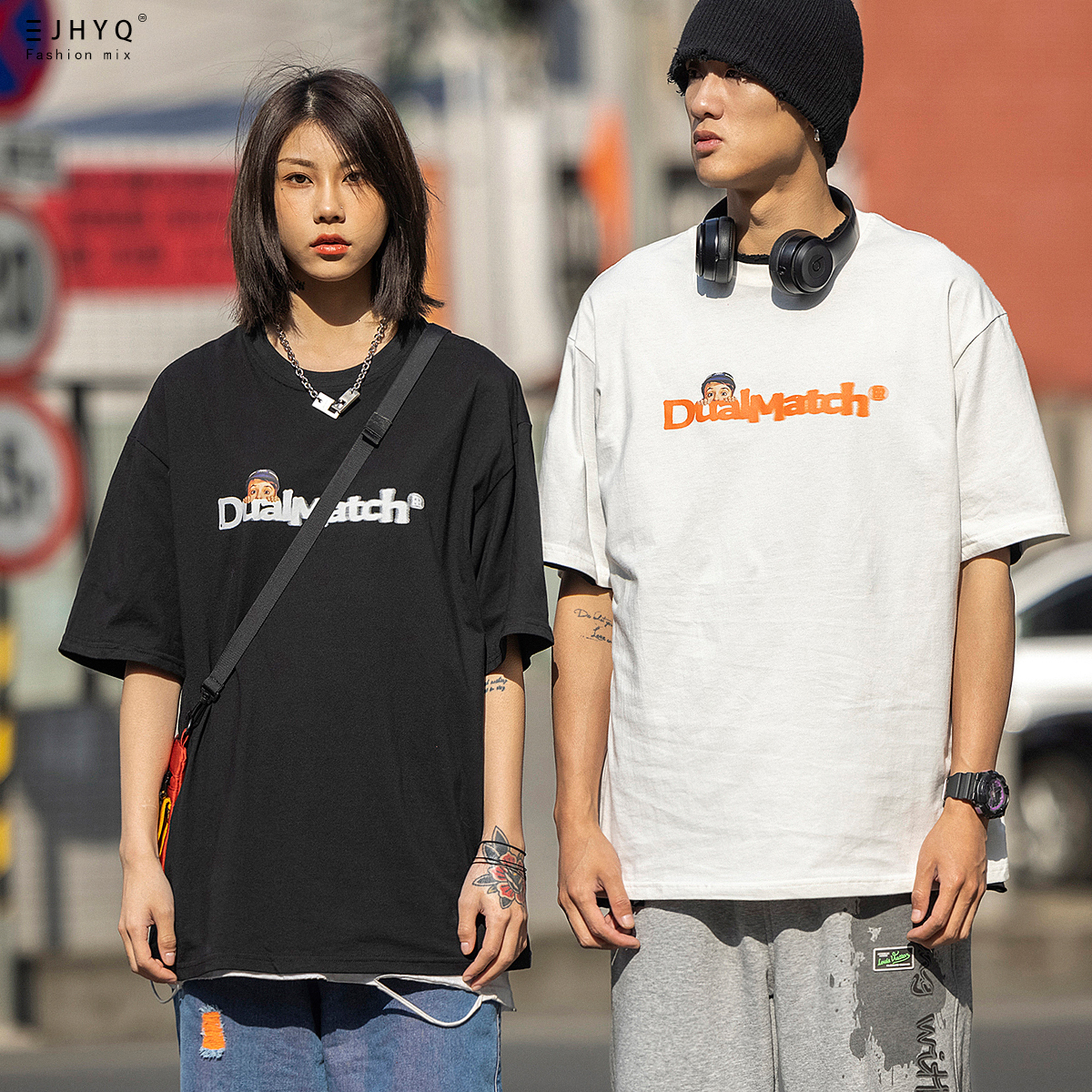 夏季简约字母印花短袖T恤男女2022新款潮牌宽松港风休闲圆领体恤