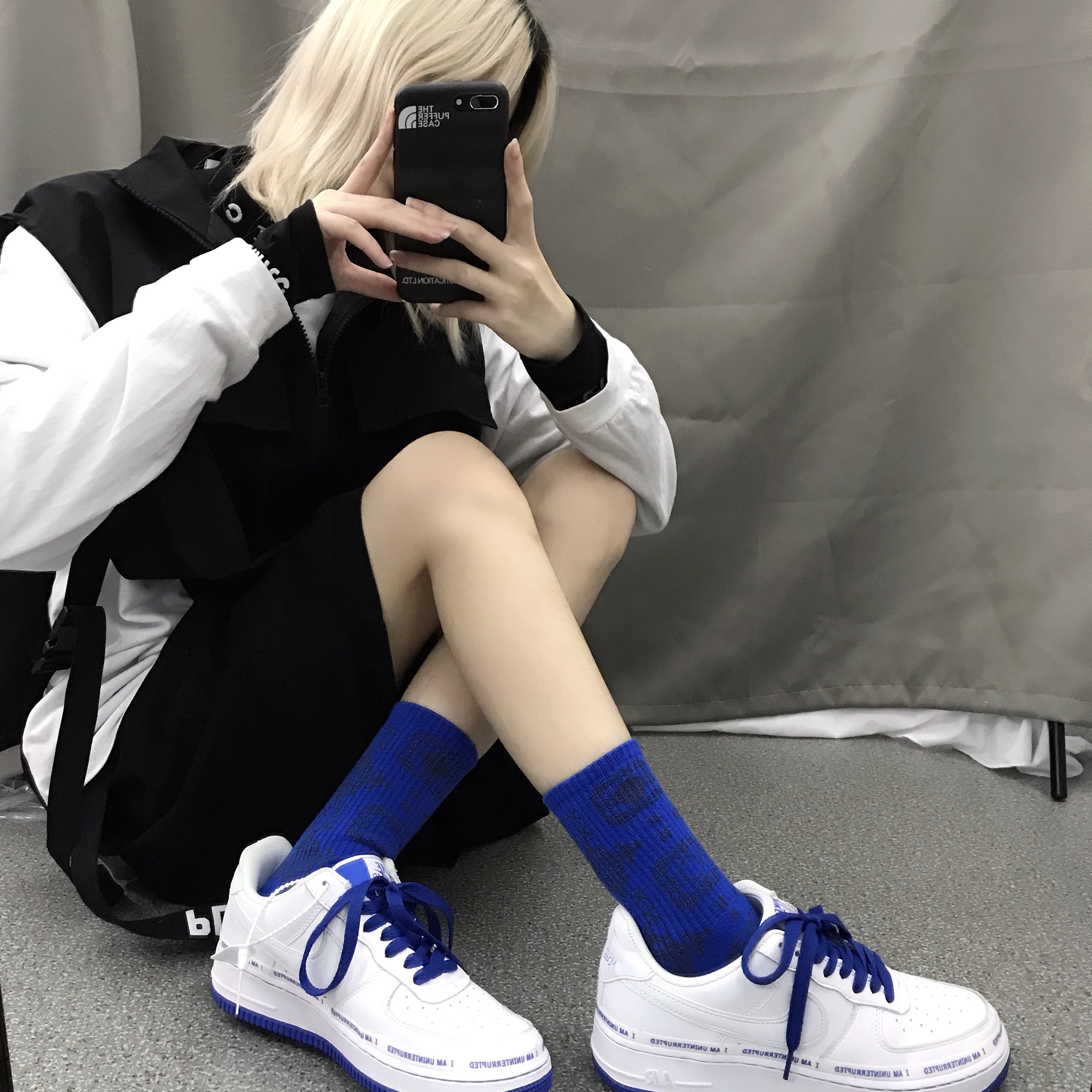 ak1蓝丝绸黑白丝绸长袜棉aj1陈冠希联名搭配潮袜子女ins潮中筒袜