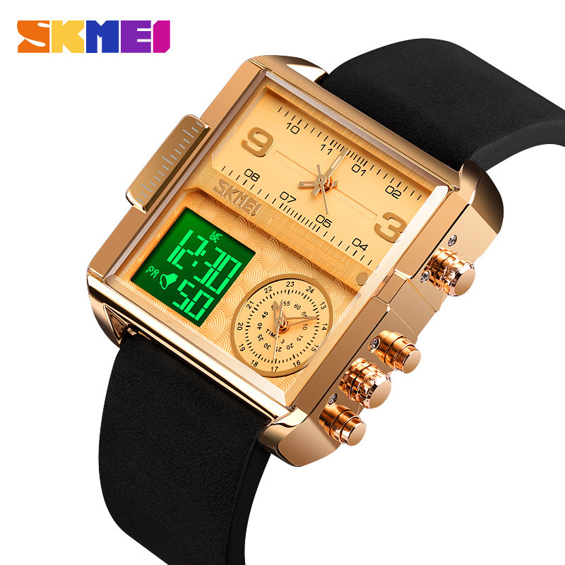 欧洲站手表男方形大表盘多功能电子表 真皮手表男士 夜光计时军表