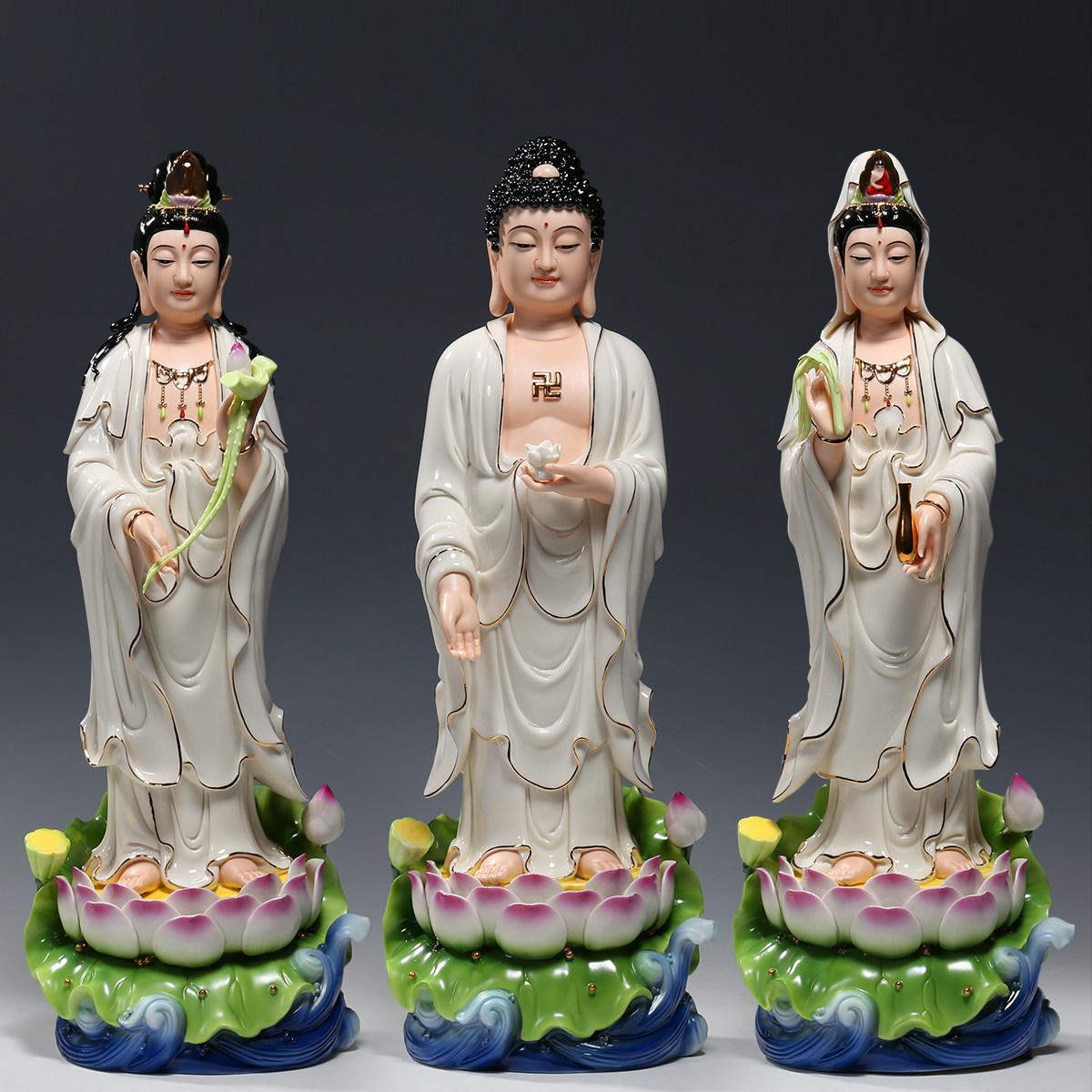 德化陶瓷16至20吋立莲西方三圣像家用供奉观音佛像阿弥陀佛摆件