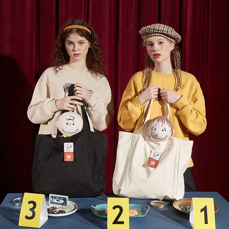 撞色帆布闺蜜包抽绳时尚抽绳网红单肩2020史努比女士包袋