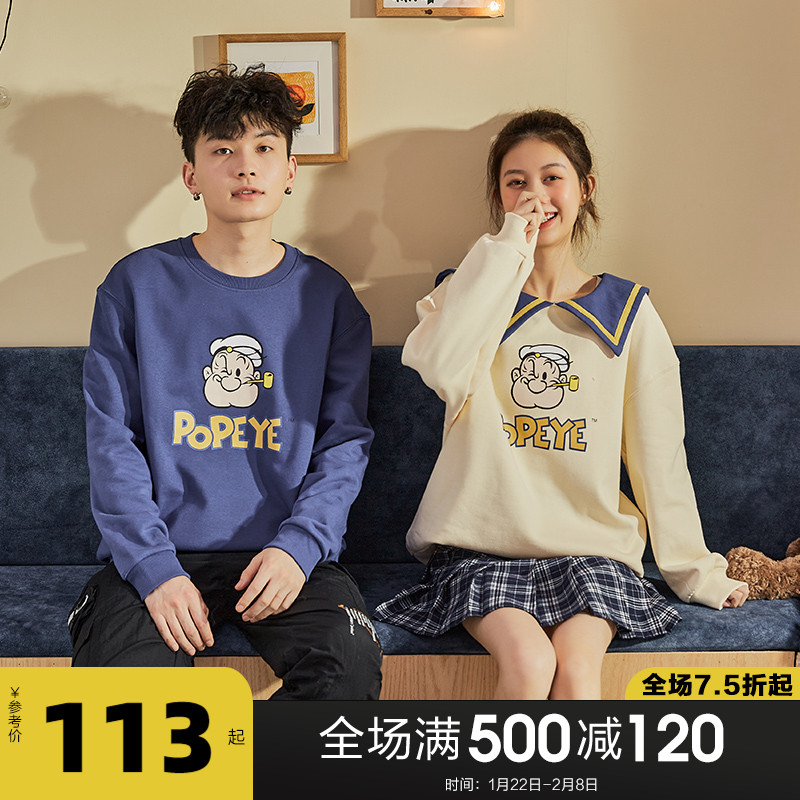 【大力水手联名】唐狮2021春新款情侣卫衣加绒卫衣男女海军领宽松