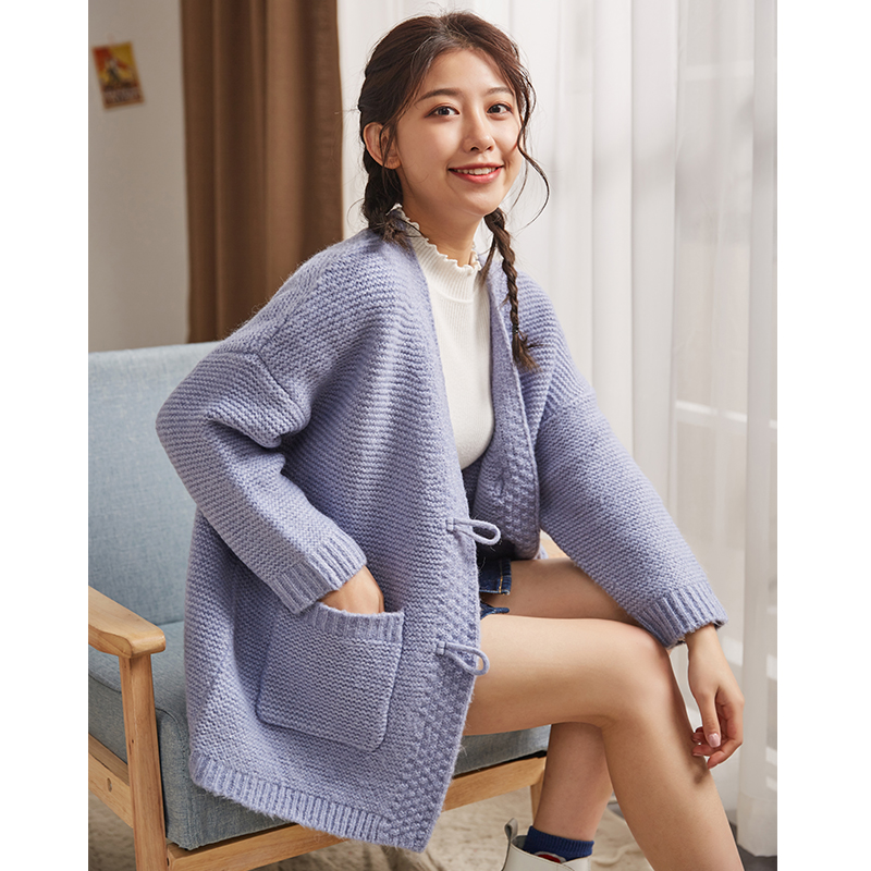 唐狮2019春新款女毛衣外套粗毛线针织开衫加厚百搭学生中长款宽松