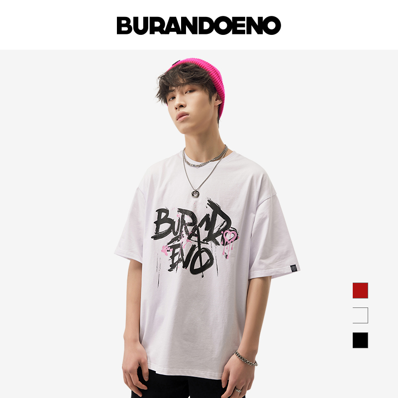 BURANDOENO潮牌虎头印花短袖T恤宽松落肩男女同款内搭EAATE322110