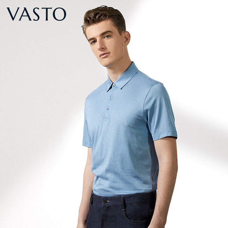 vasto华斯度夏季男士桑蚕蚕丝polo灰蓝色商务翻领polo衫