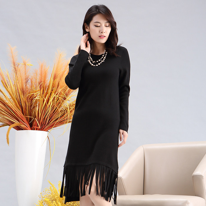 声雨竹女装专柜秋款宽松纯色流苏圆领优雅淑女连衣裙