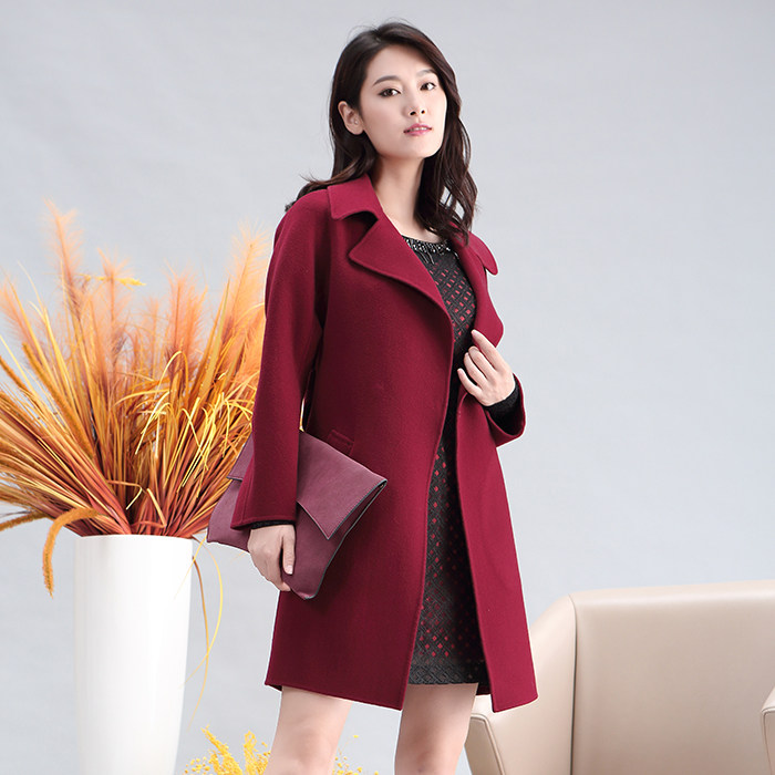 声雨竹女装专柜秋款中长修身暗扣长袖纯色翻领毛呢外套