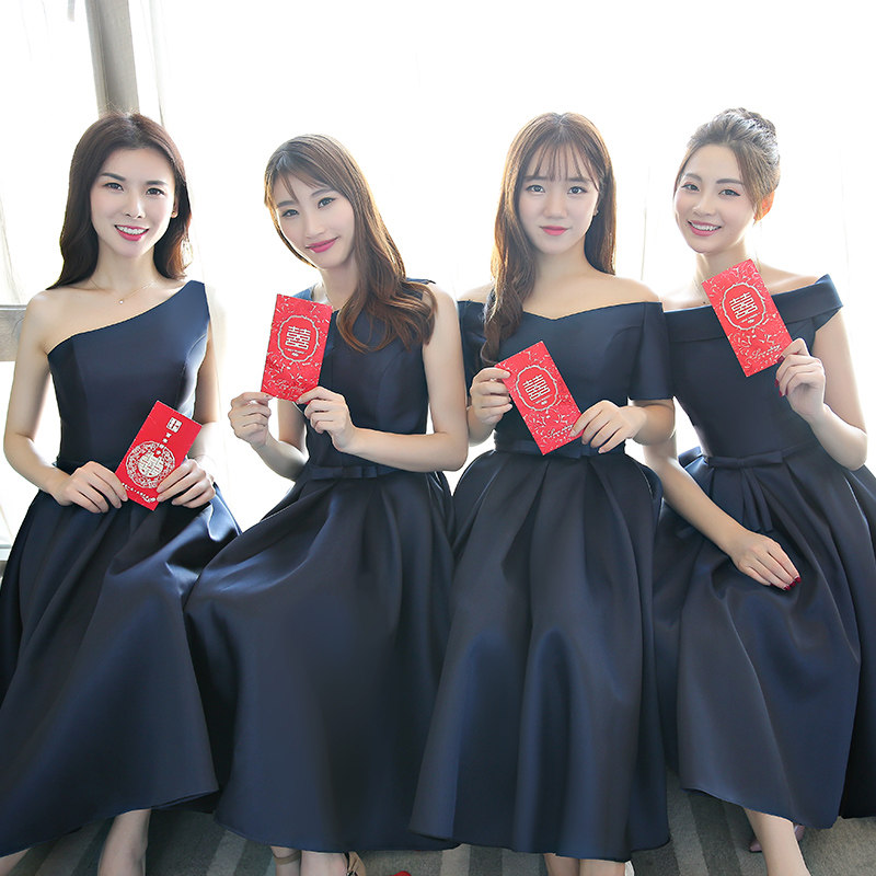 晚礼服礼服年会显瘦主持姐妹伴娘中长青色藏青礼服